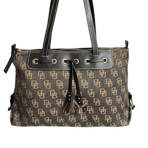 Dooney & Bourke gray tan black tassel top zip tote bag